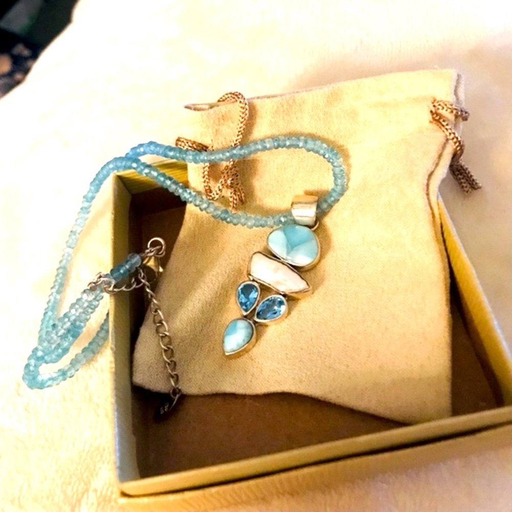 Arya Designs Larimar, Pearl Blue Topaz Sterling Silver Pendant /Beaded Necklace - Picture 4 of 8